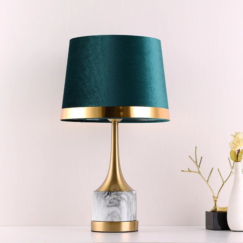Modern Emerald Green Velvet Table Lamp with Brass & Faux Marble Base (3)