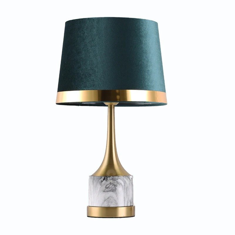 Modern Emerald Green Velvet Table Lamp with Brass & Faux Marble Base (4)