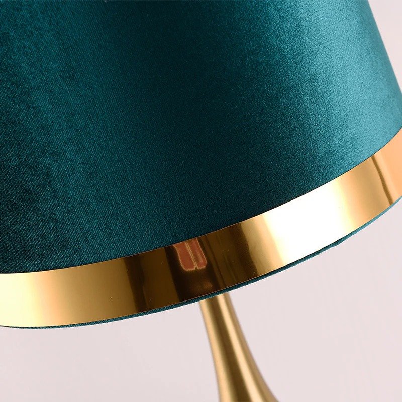 Modern Emerald Green Velvet Table Lamp with Brass & Faux Marble Base (6)